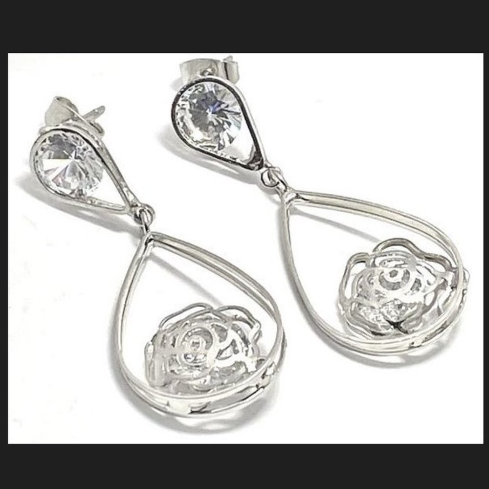 Dangle Rose Earrings 29.0ctw White Diamonique 1 3/4" Long